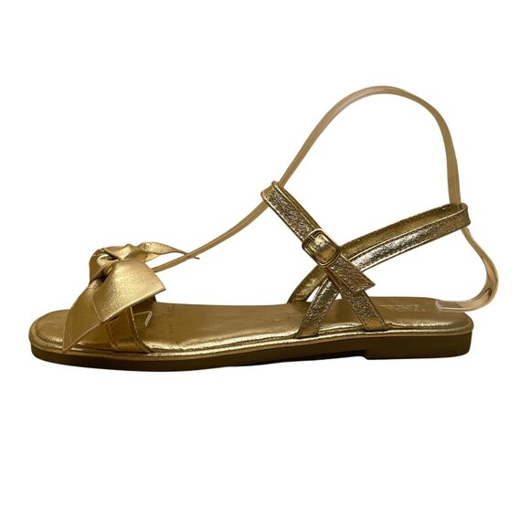 Zara Women’s Gold Metallic Adjustable Strap Bow Flat Sandals Size 6.5US - Picture 4 of 7